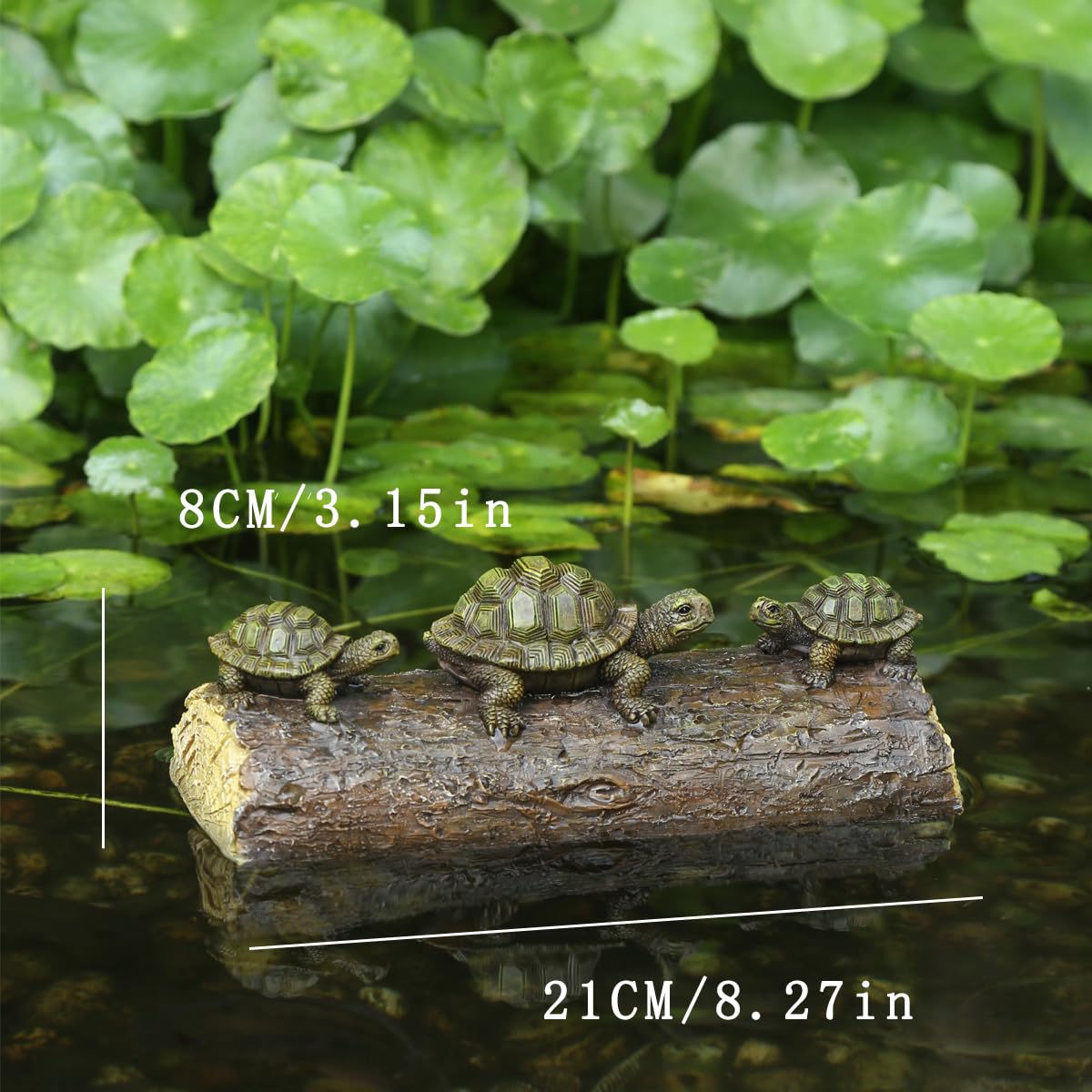 Generic resin turtles on log float gracefully, blending with water features.