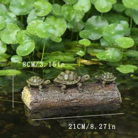 Generic resin turtles on log float gracefully, blending with water features.