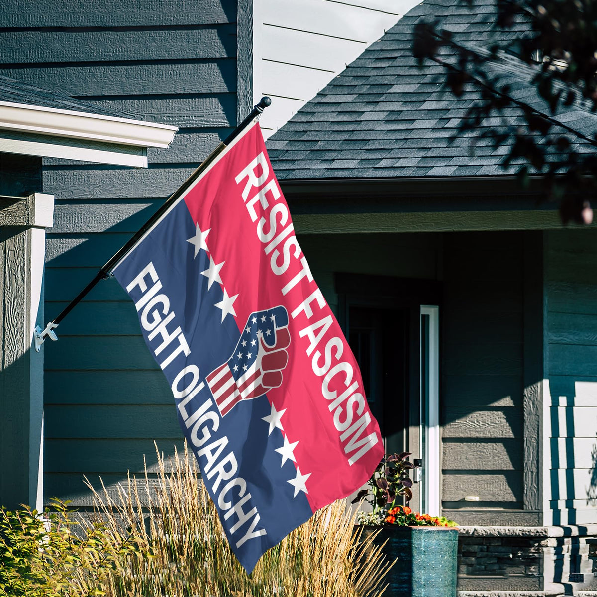 Generic Resist Fascism flag package features brass grommets for easy mounting
