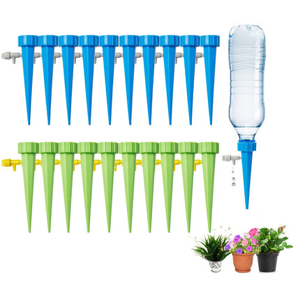 Generic Self-Watering Spikes blue setup demonstrates adjustable drip for indoor plants.