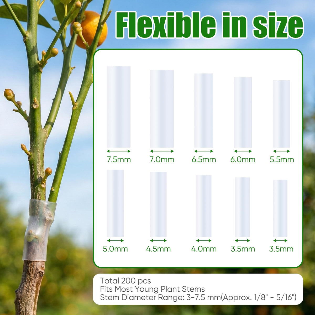Generic silicone grafting sleeves packaging shows diameter range for precise fit