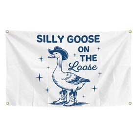 Generic Silly Goose flag hanging on dorm wall for playful decor and easy mounting