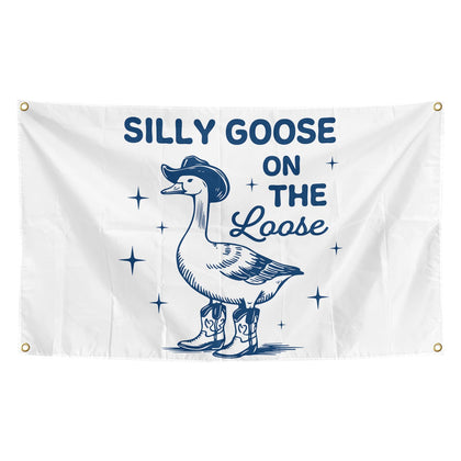 Generic Silly Goose flag hanging on dorm wall for playful decor and easy mounting