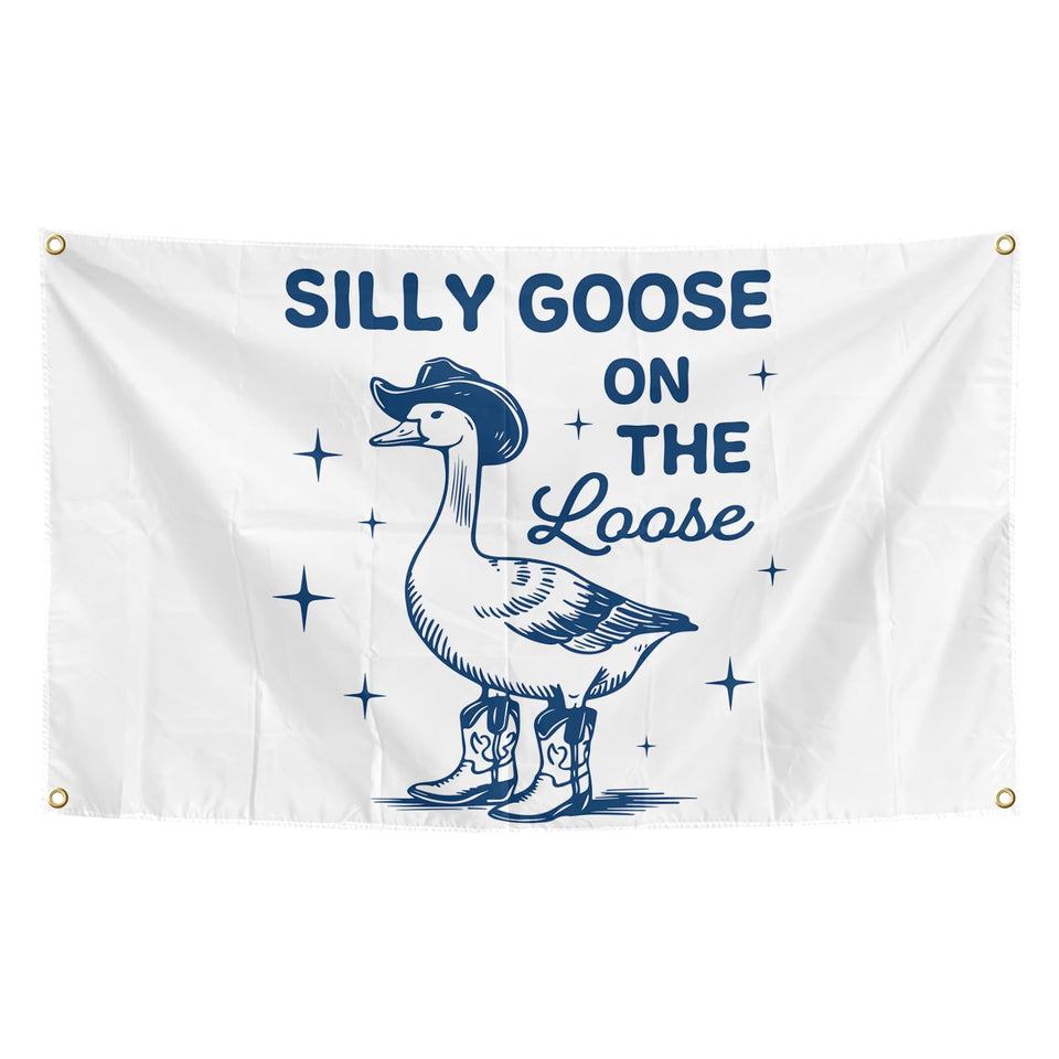 Generic Silly Goose flag hanging on dorm wall for playful decor and easy mounting