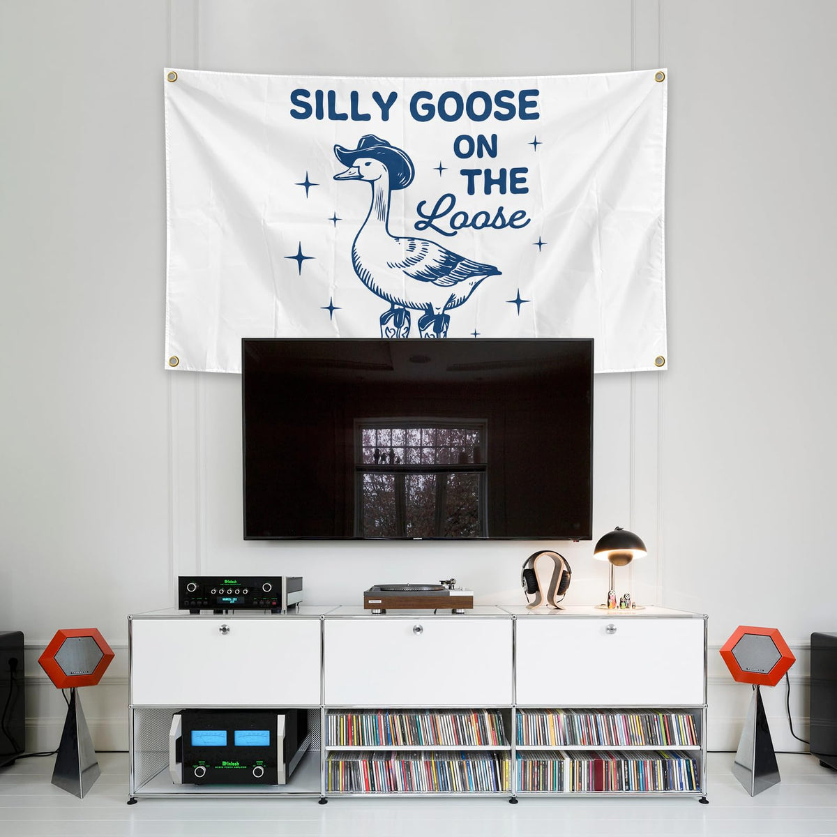 Generic Silly Goose flag displayed in outdoor yard for fun garden decor