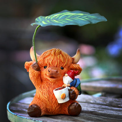 Generic six-and-a-half-inch garden gnome Highland cattle figurine adds whimsy to outdoor spaces.