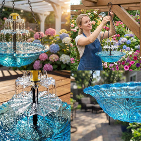 Generic solar bird fountain shows 8 spray modes for a customizable outdoor water display
