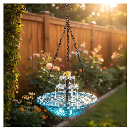 Generic Solar Cascade Hanging Bird Bath Fountain with blue bowl attracts hummingbirds in sunny gardens