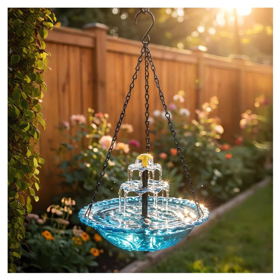 Generic Solar Cascade Hanging Bird Bath Fountain with blue bowl attracts hummingbirds in sunny gardens