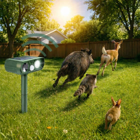 Generic Solar Powered Ultrasonic Animal Repellent front view protecting a garden.