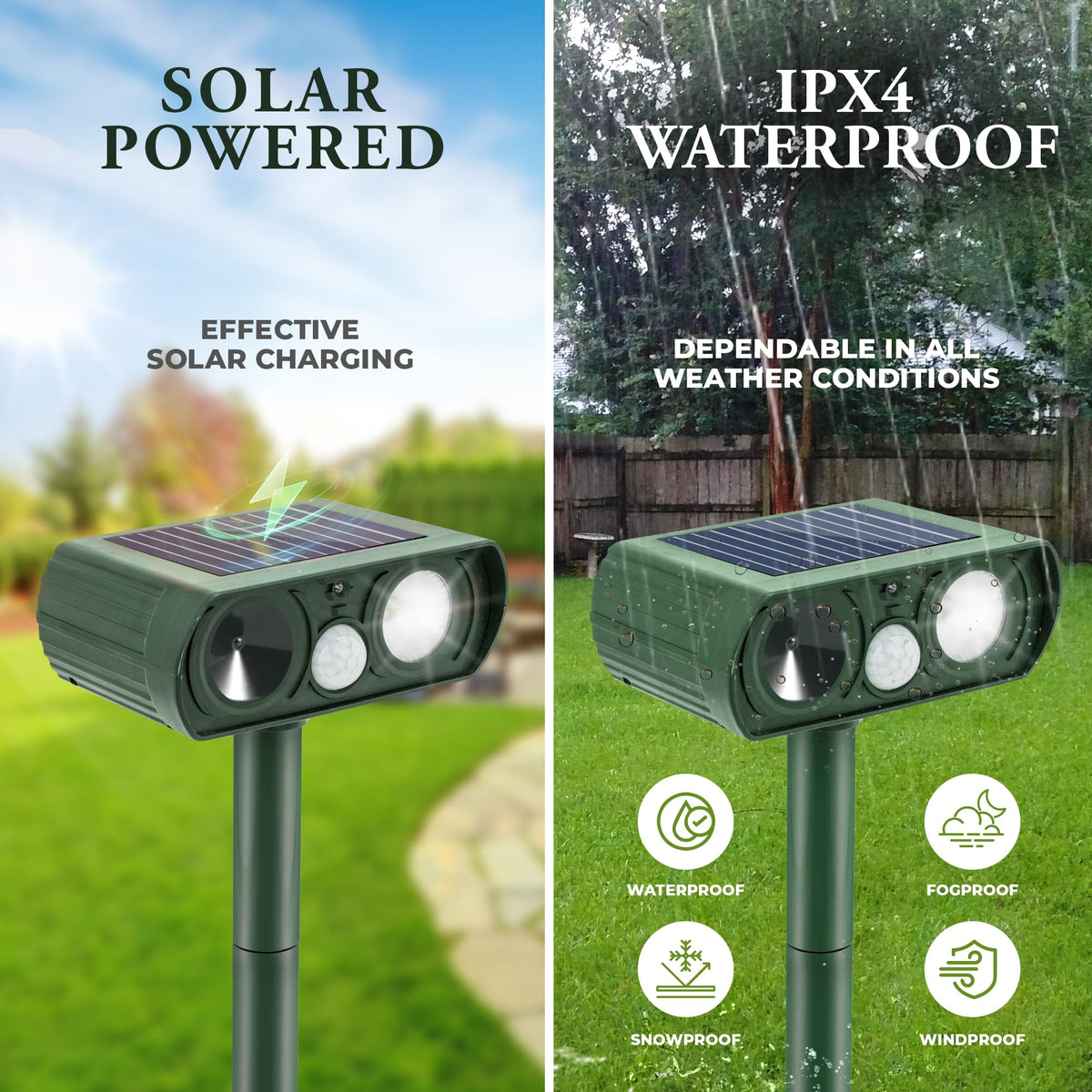 Generic Solar Powered Ultrasonic Animal Repellent in garden use with motion detection.