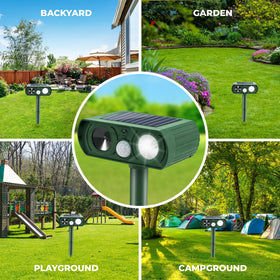 Generic Solar Powered Ultrasonic Animal Repellent LED lights active during deterrence.