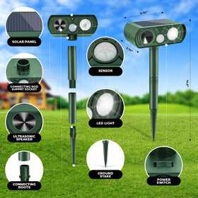 Generic Solar Powered Ultrasonic Animal Repellent mounted on a pole for yard coverage.