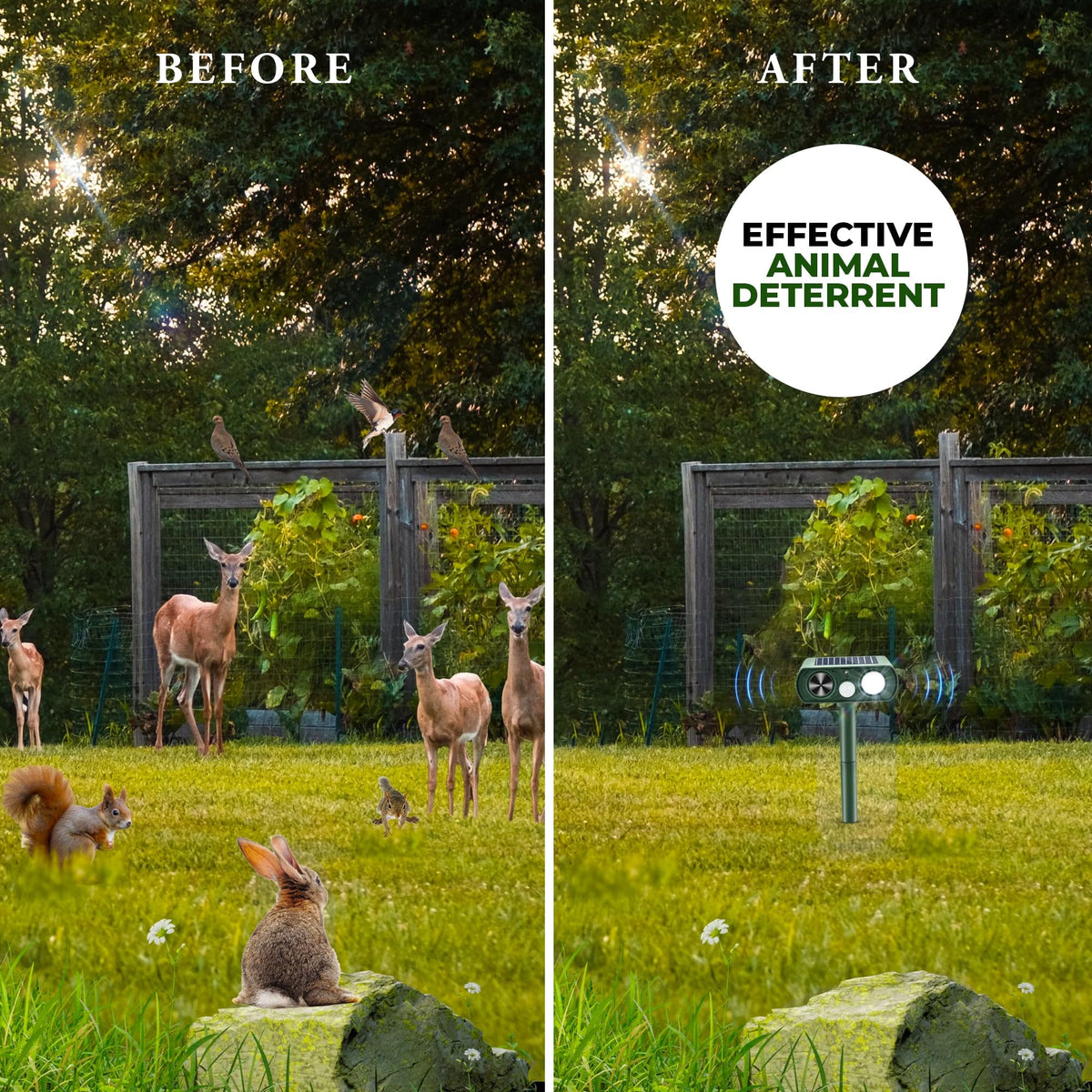 Generic Solar Powered Ultrasonic Animal Repellent weatherproof shell withstands rain and sun.