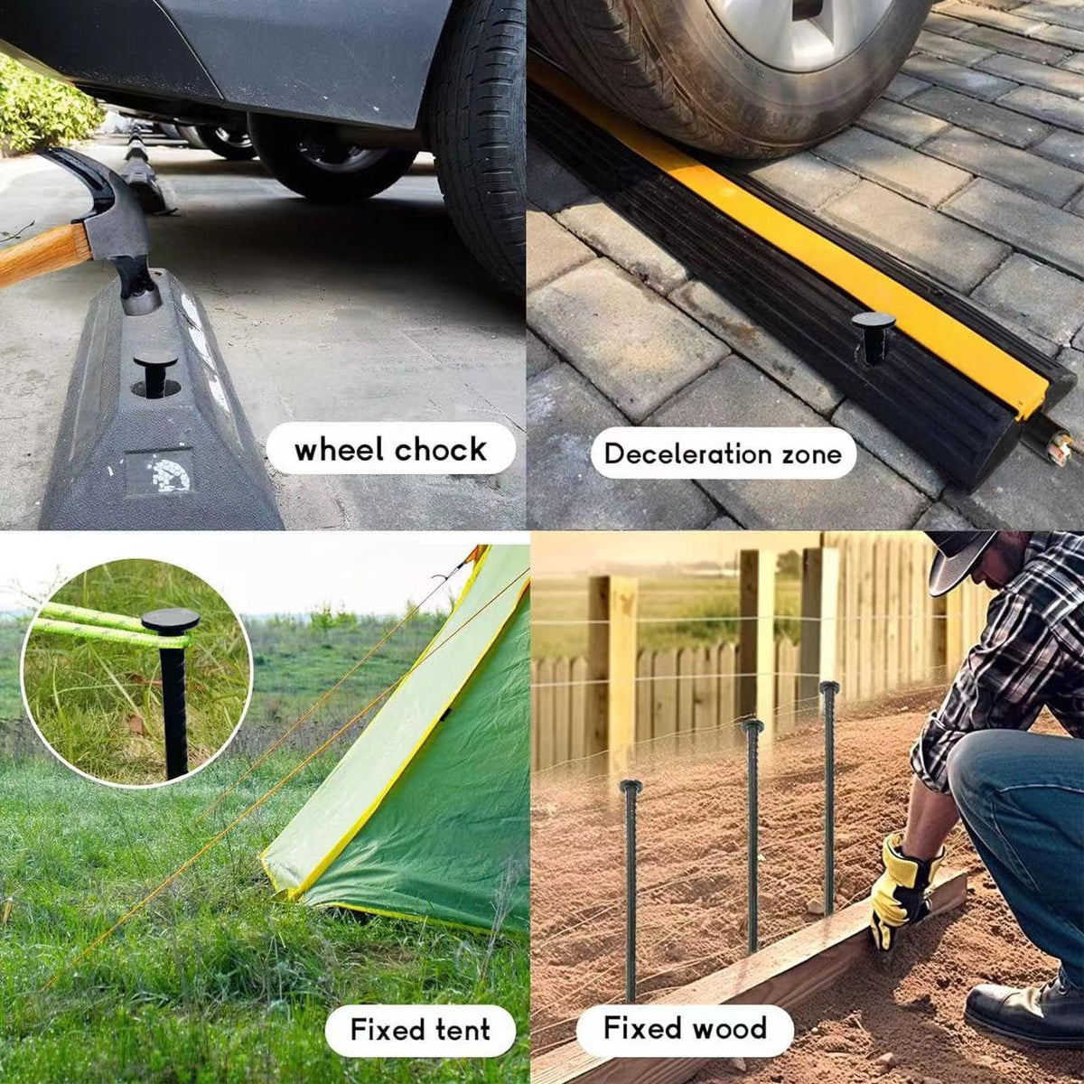 Generic speed bump stake securing setup demonstrates stable positioning for temporary road features.