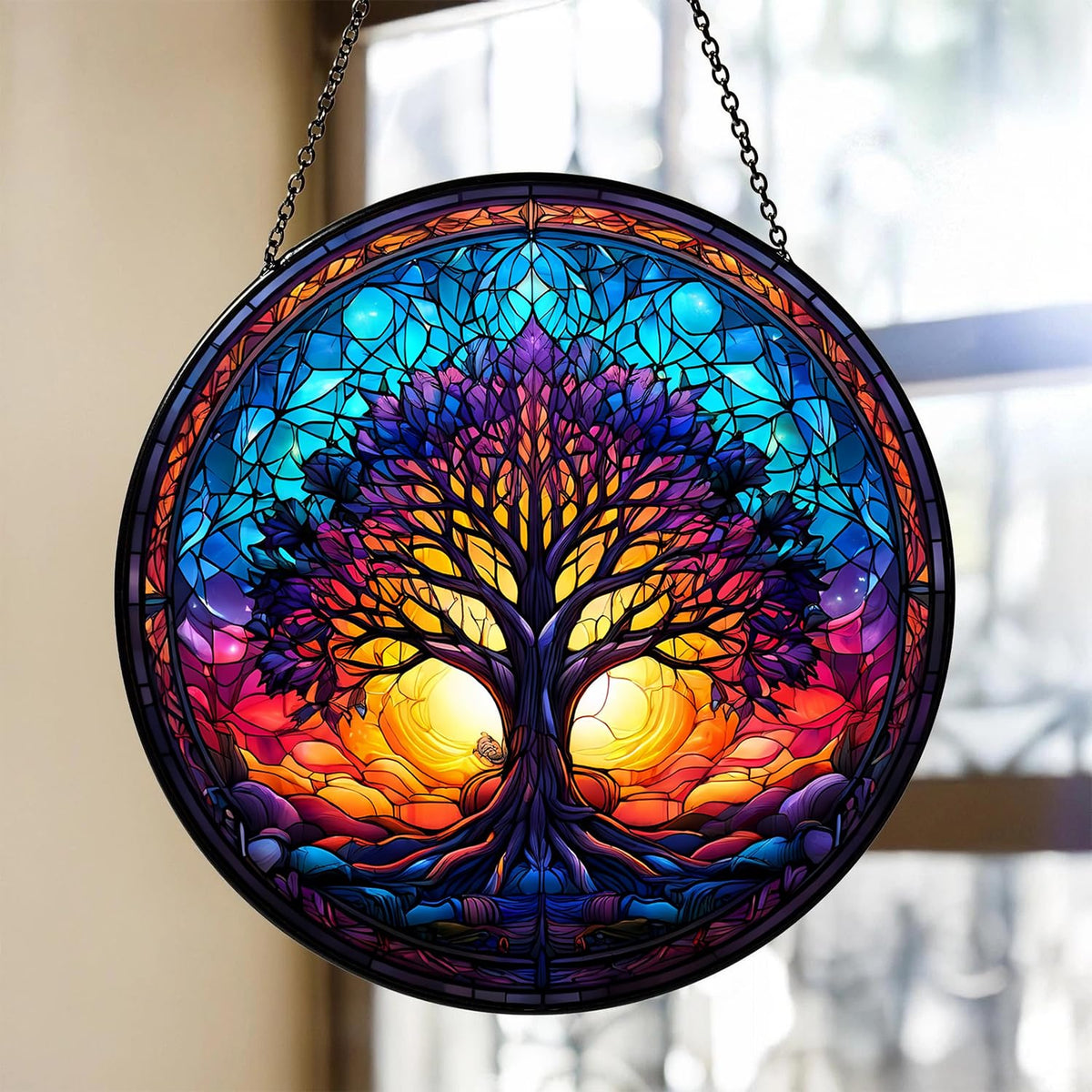 Generic Tree of Life stained glass window decor suncatcher catching colorful light