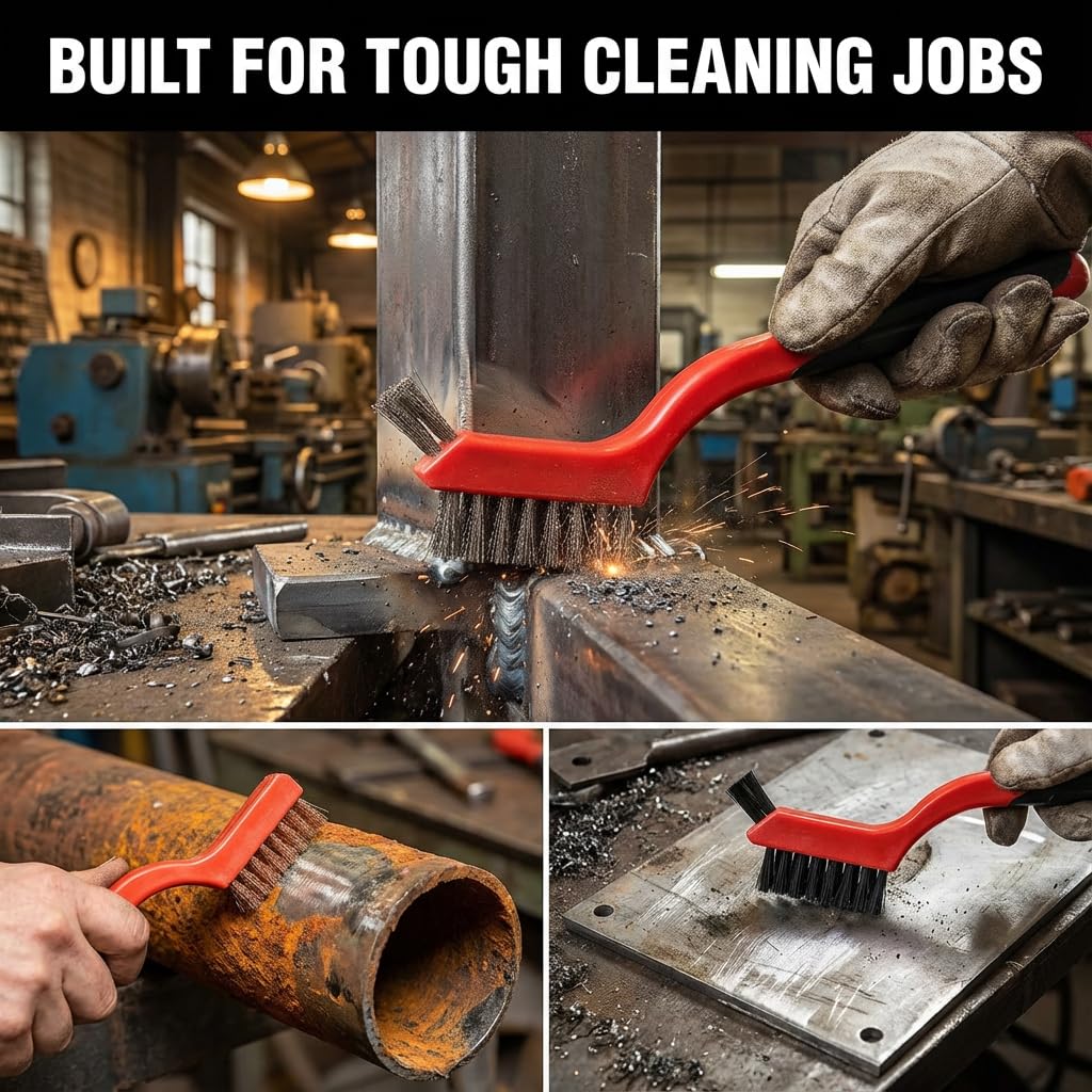 Generic stainless steel brush close-up ideal for heavy rust on metal surfaces.
