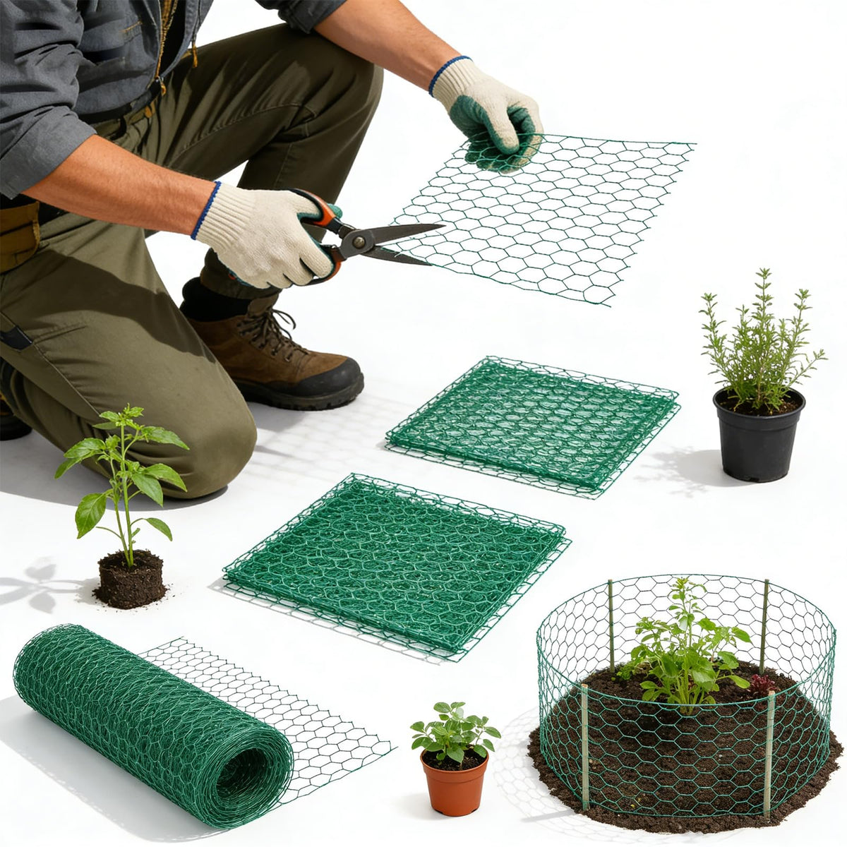 Generic stakes and zip ties secure the mesh for a durable barrier.