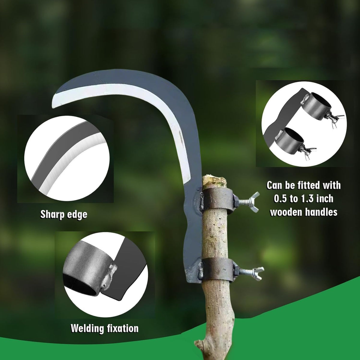 Generic Steel Sickle used for weeding in a garden bed.