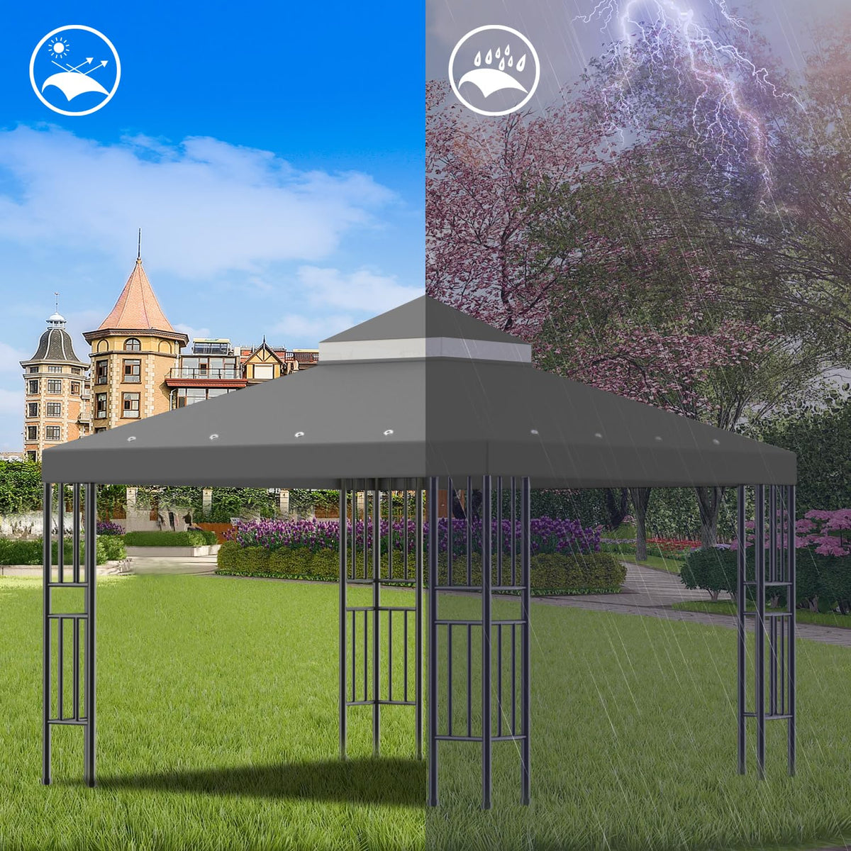 Double-layer top cover with mosquito netting for ventilation in outdoor setups.