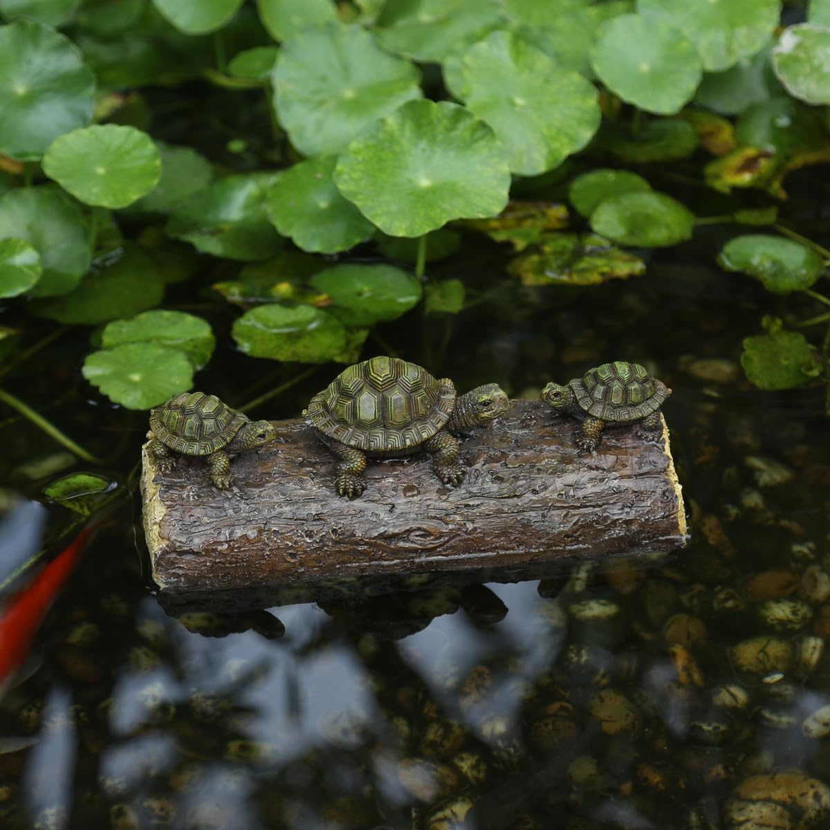 Generic three-turtle floating sculptures over a pond create a lively water garden scene.