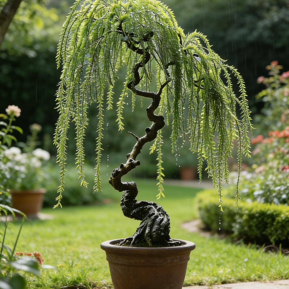 Garden scene featuring a weeping willow near water, ideal for landscape planning