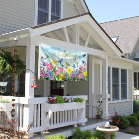 Generic Hello Spring flag decor enhances lawn, patio, and veranda areas.