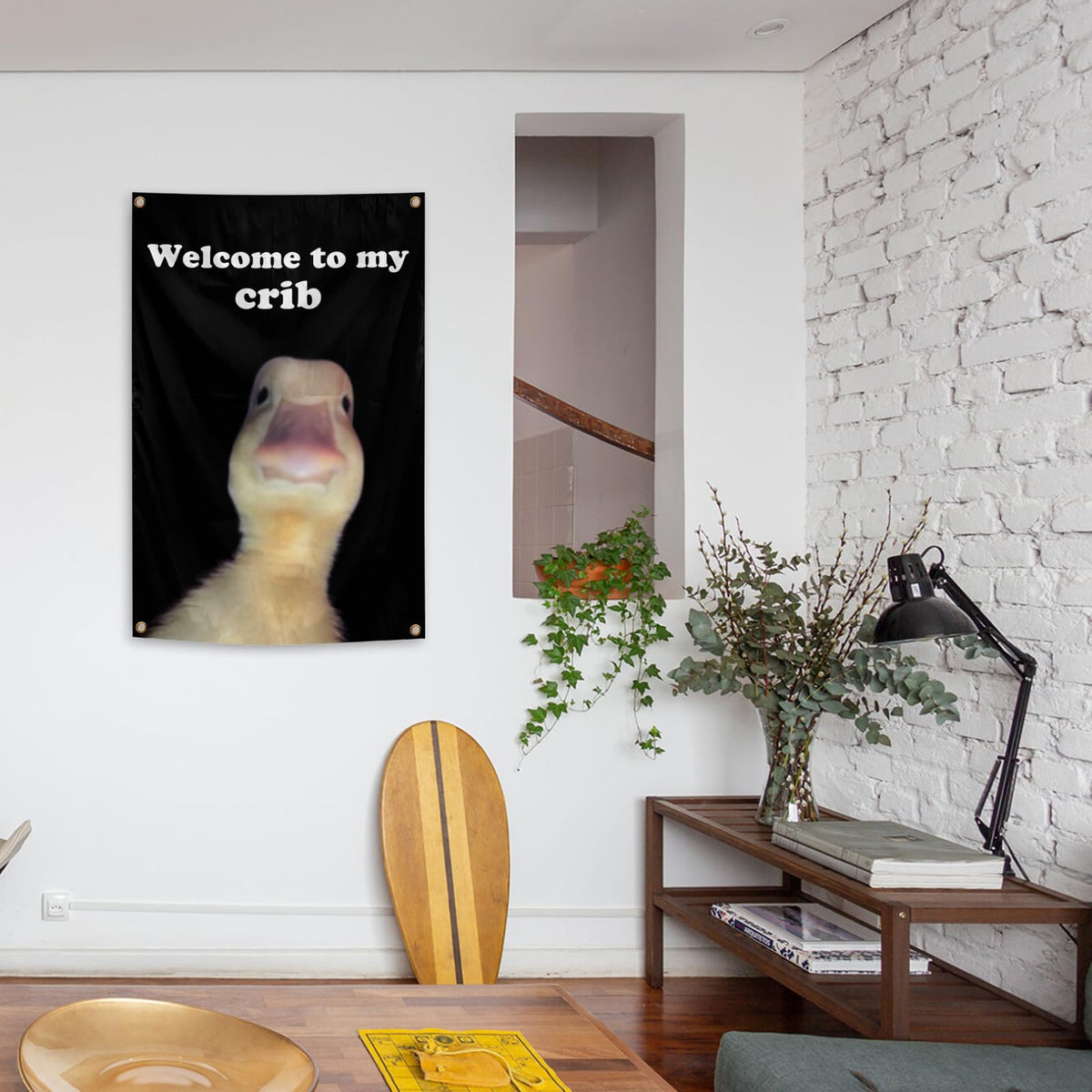 Generic Welcome to My Crib Flag hanging setup showing quick installation.