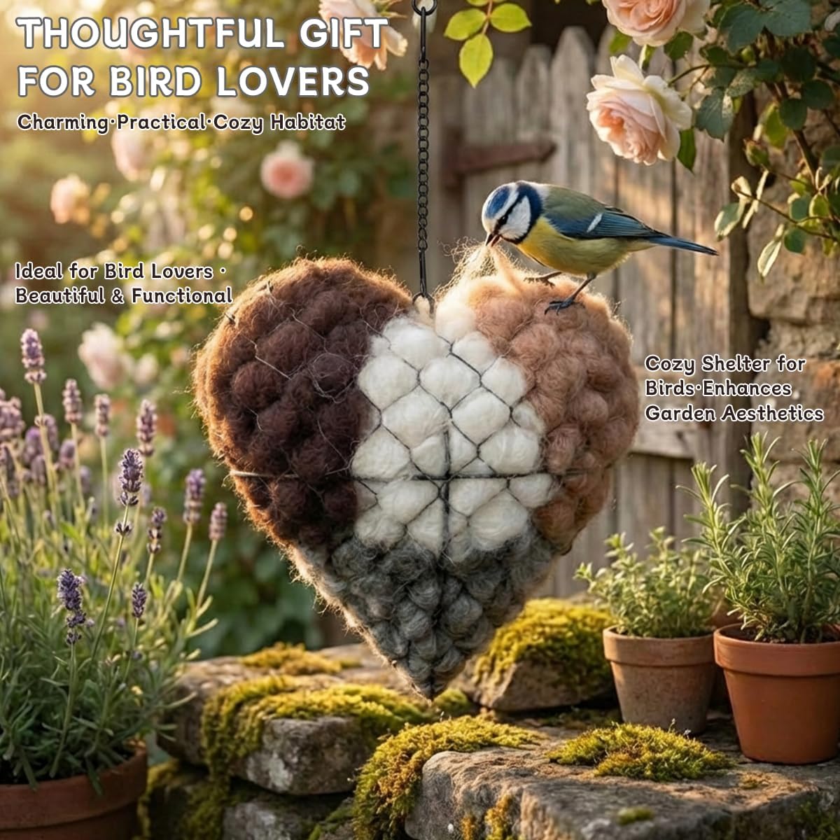 Generic Winter Bird Shelter heart shape offers wind and rain protection.