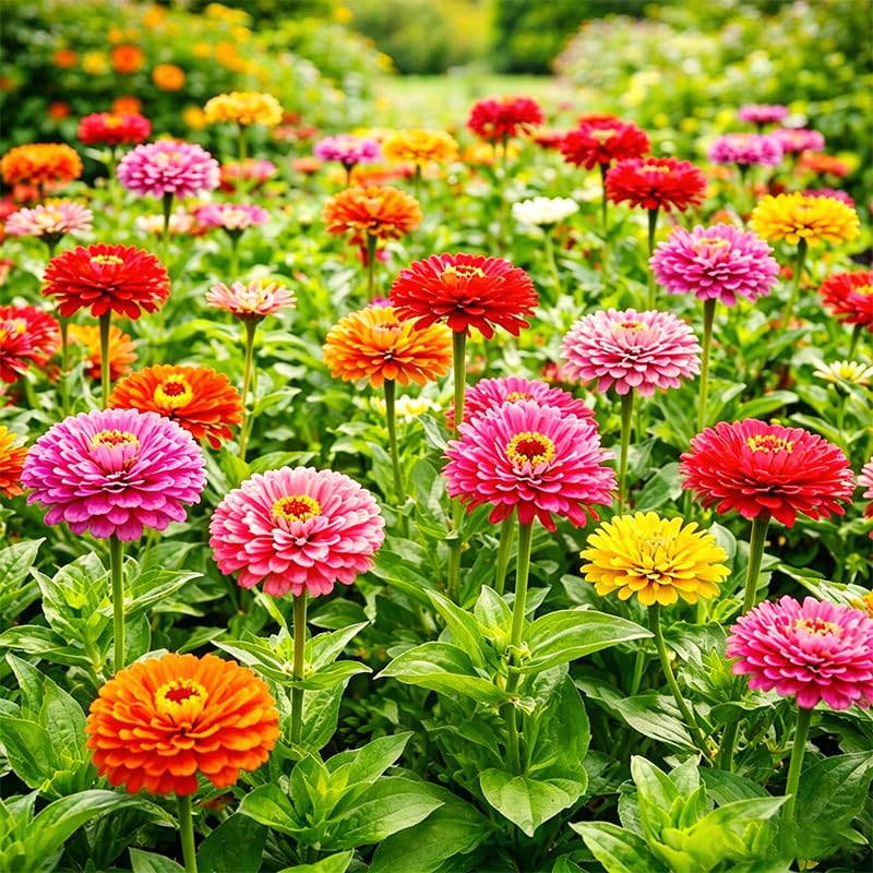 Generic zinnia flowers thriving in bright sunlight in a garden.