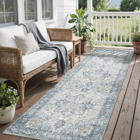 GENIMO 2.5x8 blue rug, front view, ideal for patios and living rooms