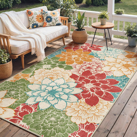 GENIMO 5x8 indoor-outdoor floral rug for patios, durable and easy to clean.