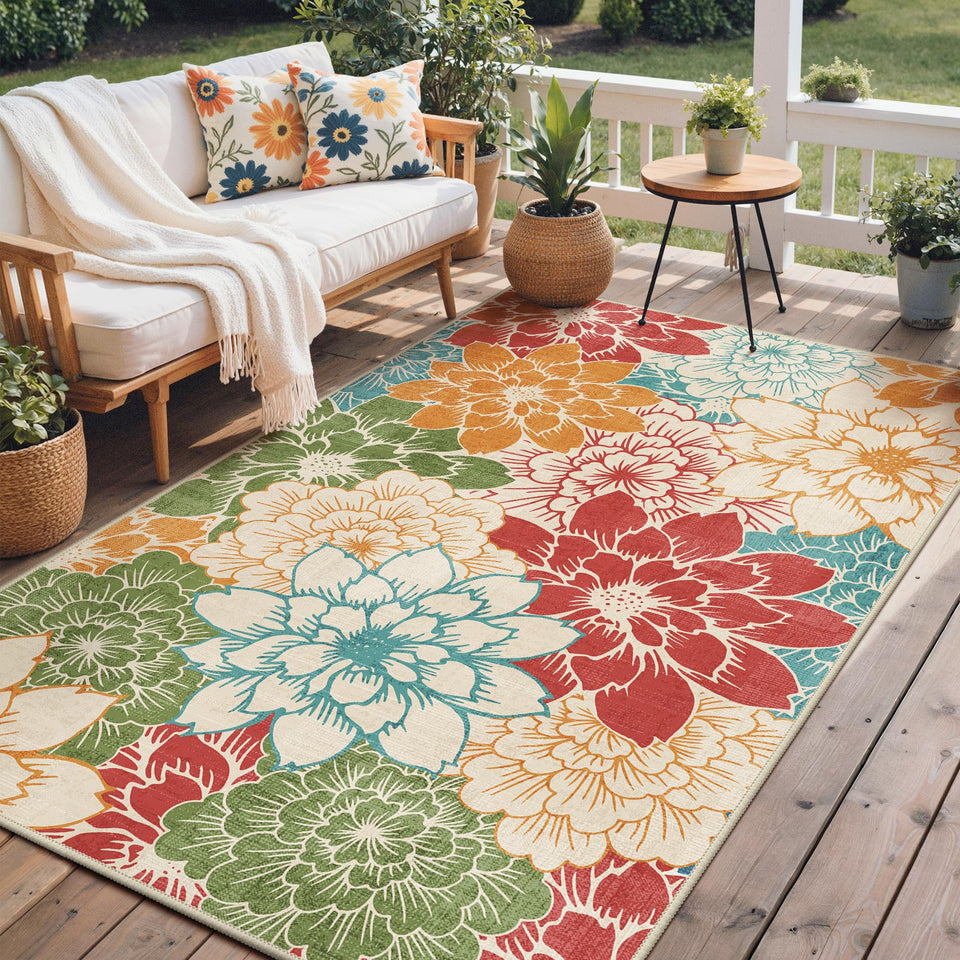 GENIMO 5x8 indoor-outdoor floral rug for patios, durable and easy to clean.