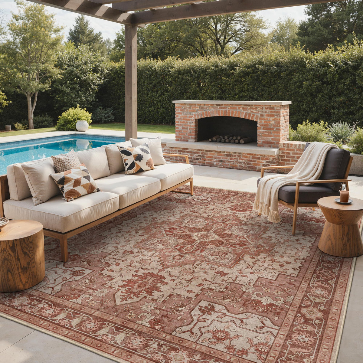 GENIMO 8x10 boho floral rug on patio adds warmth and style.