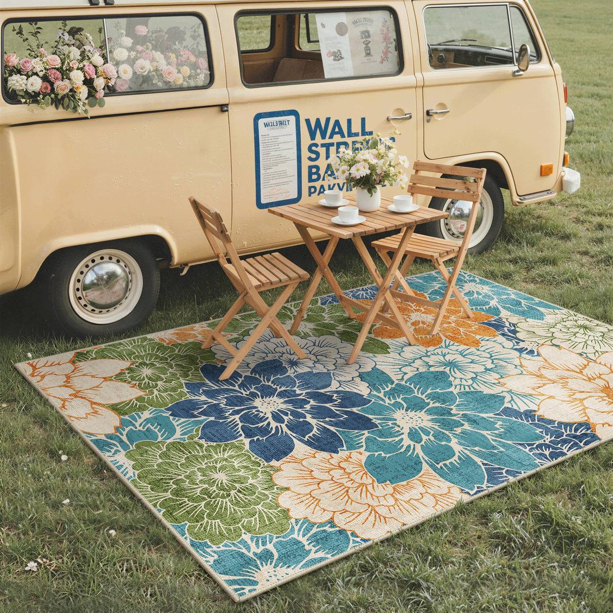 GENIMO anti-slip backing keeps the teal blue rug secure on floors.
