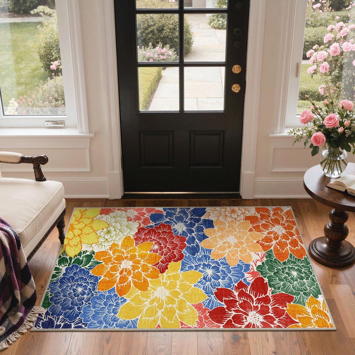 GENIMO rug with anti-slip backing stays in place on wood or tile