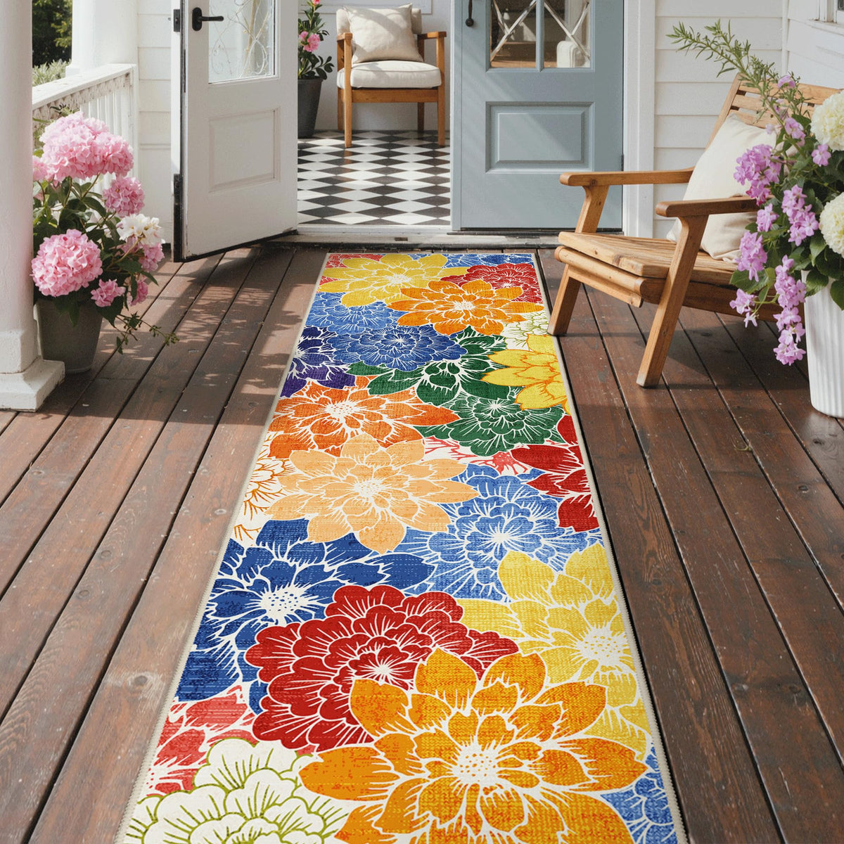GENIMO floral-pattern runner rug adds color and non-slip comfort to hallways.