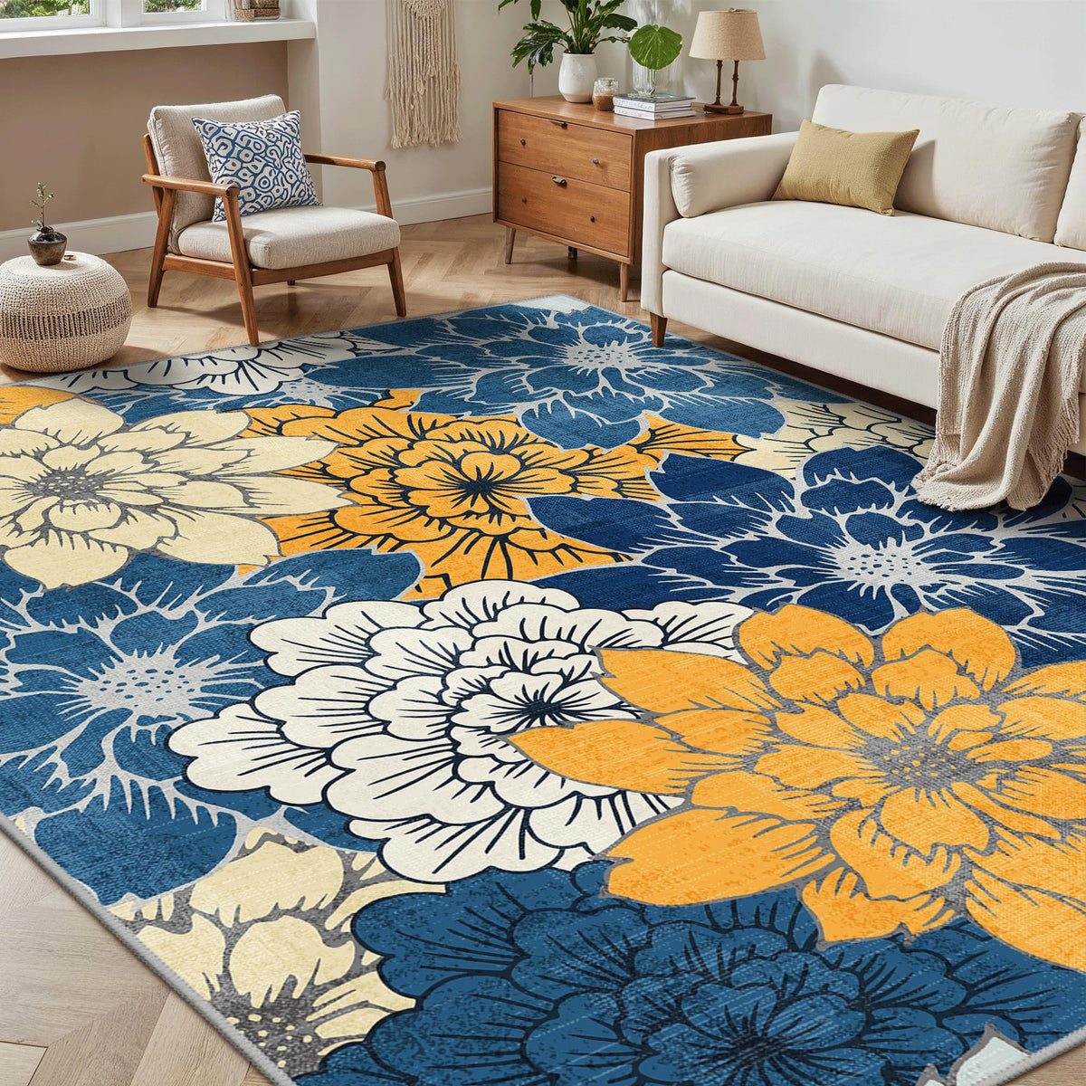 GENIMO floral print outdoor rug adds vibrant color to patios, decks, and canopies.