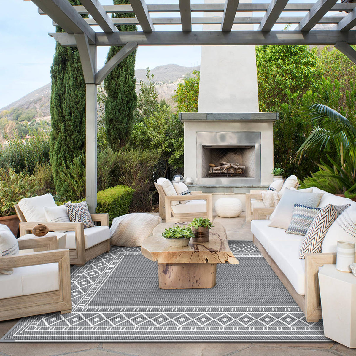 GENIMO geometric diamond frame rug enhances balcony or deck seating area