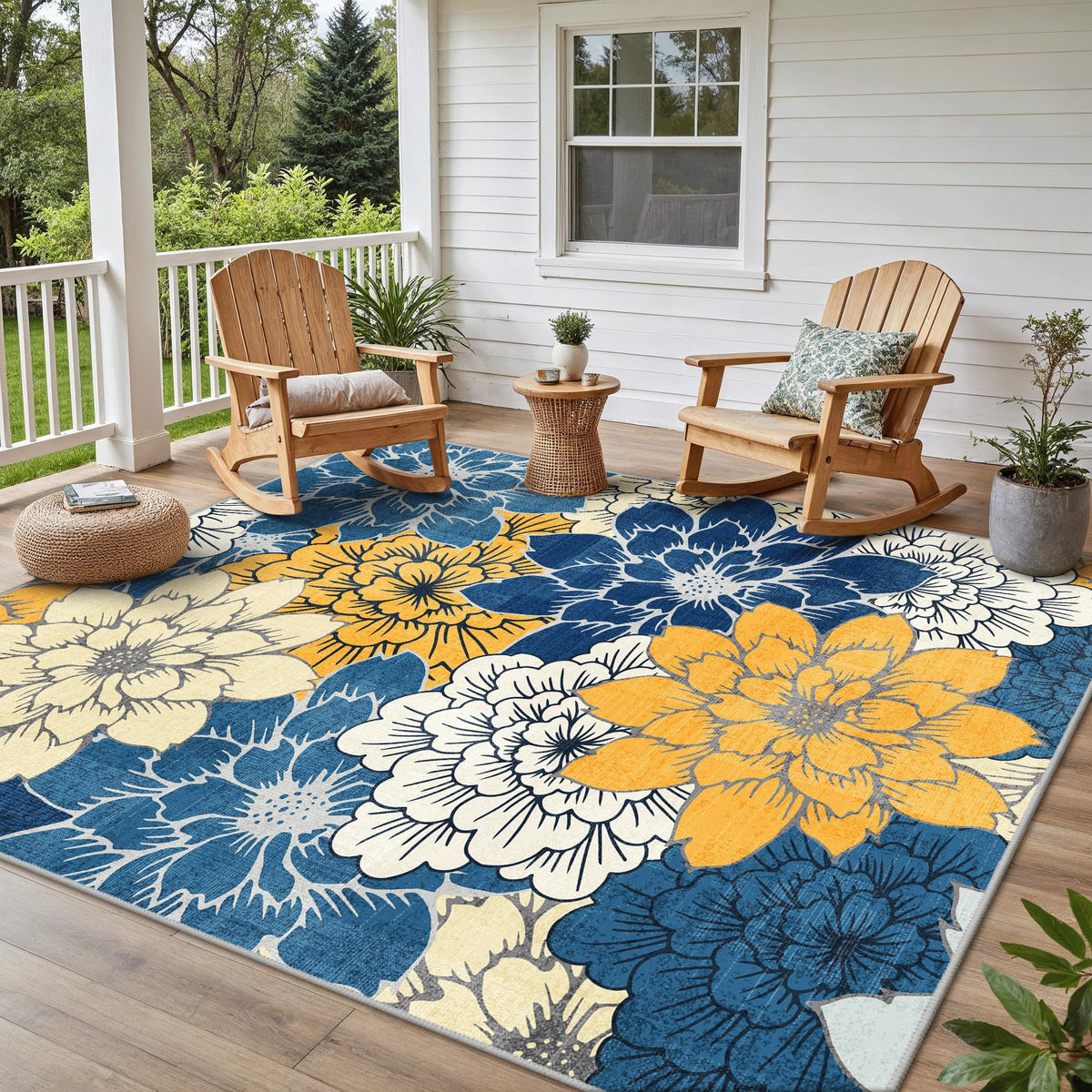 GENIMO indoor outdoor rug 8x10 in blue and yellow offers plush comfort for indoor and outdoor use.