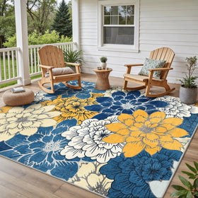 GENIMO indoor outdoor rug 8x10 in blue and yellow offers plush comfort for indoor and outdoor use.