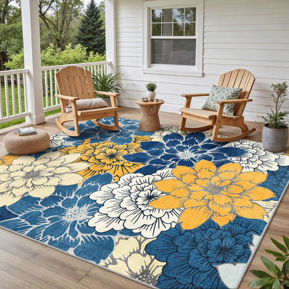 GENIMO indoor outdoor rug 8x10 in blue and yellow offers plush comfort for indoor and outdoor use.