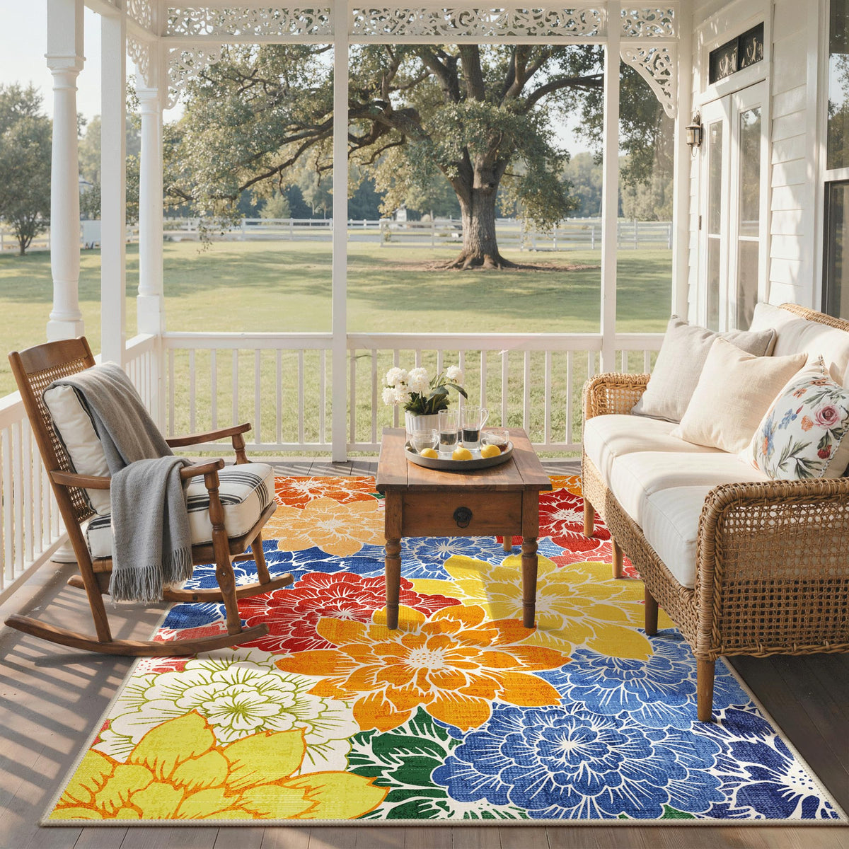 GENIMO low-pile rug resists pet hair and crumbs for high-traffic areas.