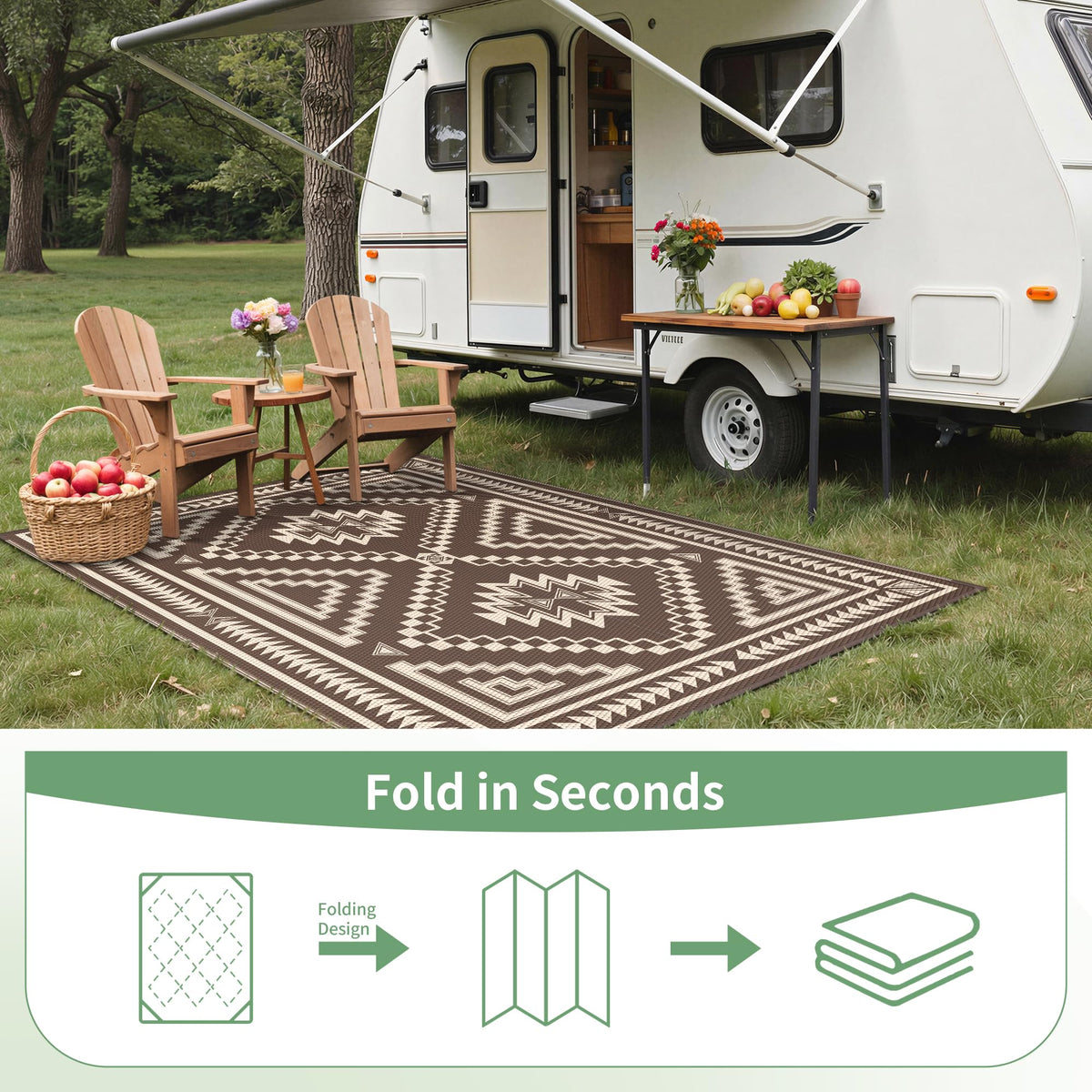 GENIMO multiuse rug fits patios, decks, balconies, picnics, and beaches.
