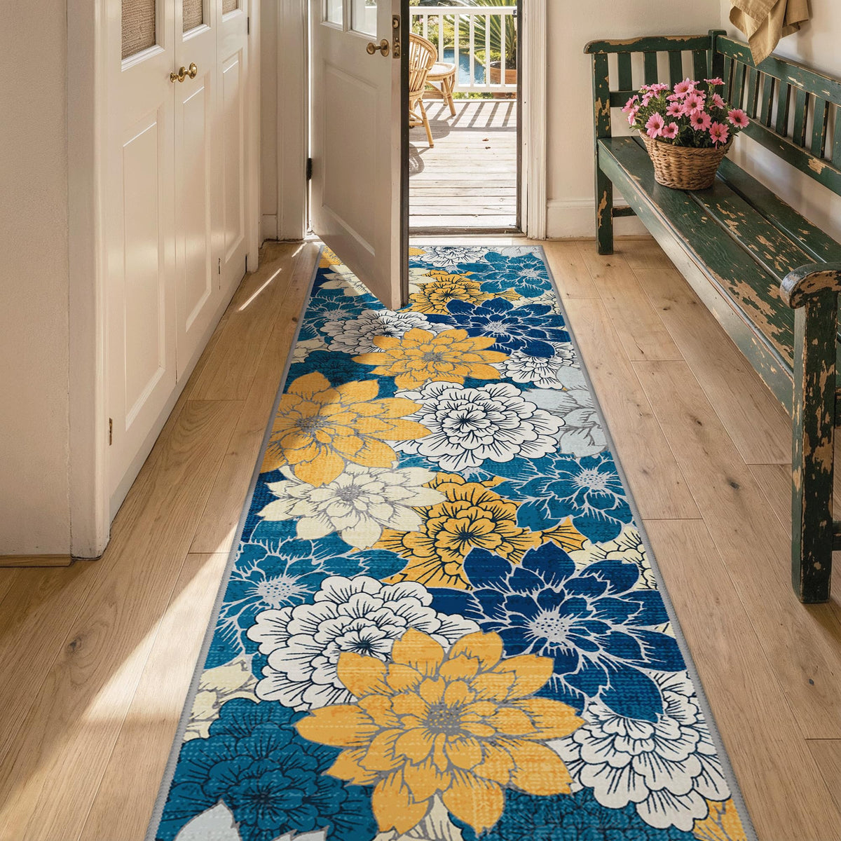 Genimo navy blue floral pattern rug adds sophisticated charm to living spaces