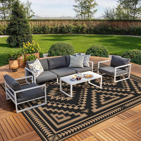 GENIMO outdoor rug 10x14, black-brown two-sided pattern for patio seating.