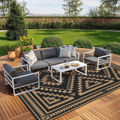 GENIMO outdoor rug 10x14, black-brown two-sided pattern for patio seating.
