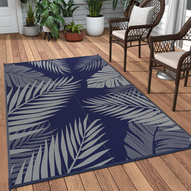 GENIMO outdoor rug 3x5 navy blue grey palm leaves, waterproof and quick-drying