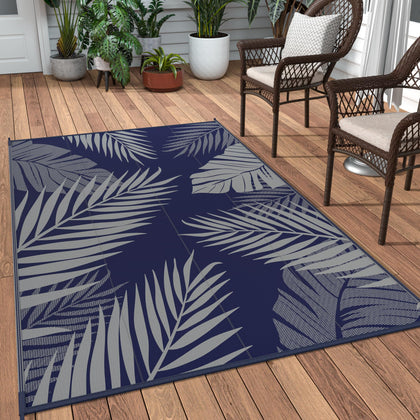 GENIMO outdoor rug 3x5 navy blue grey palm leaves, waterproof and quick-drying