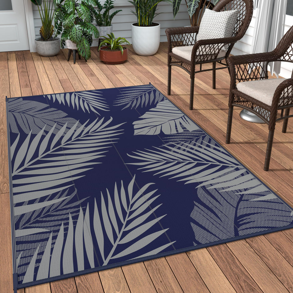 GENIMO outdoor rug 3x5 navy blue grey palm leaves, waterproof and quick-drying